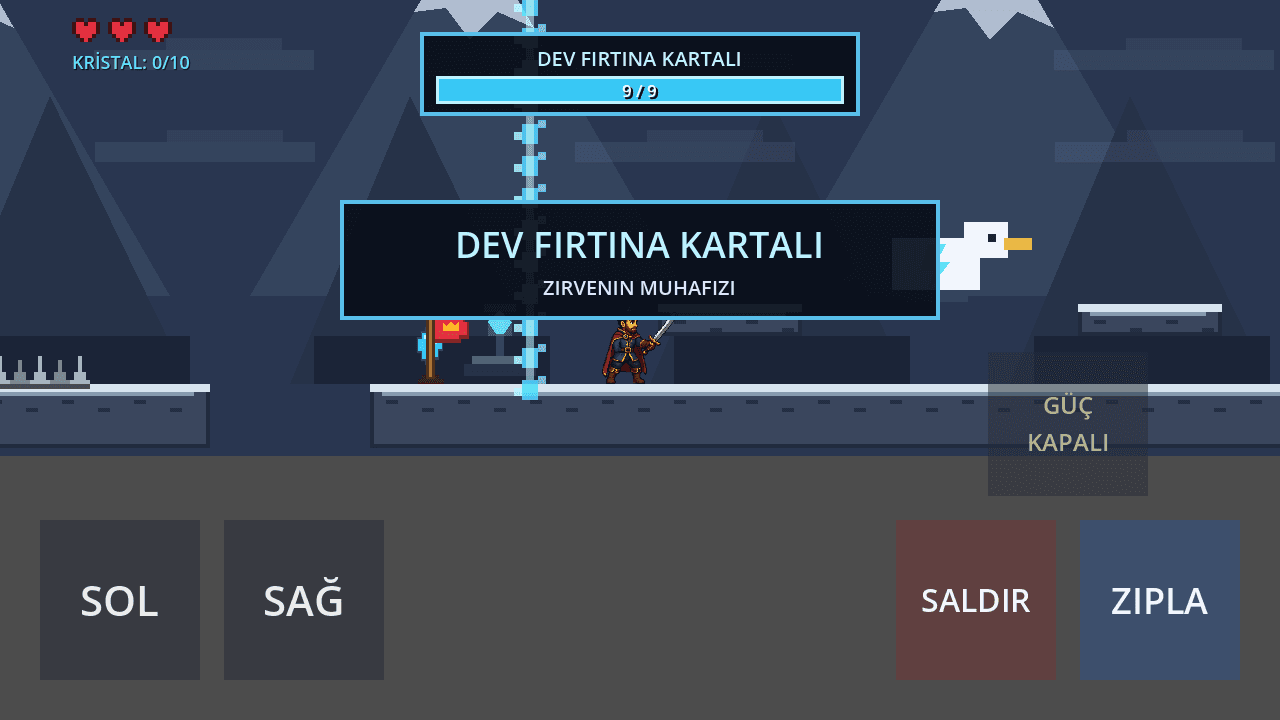 Fırtına dağı patron savaşının oynanış görüntüsü; can çubuğu ve pikselli zirveler.